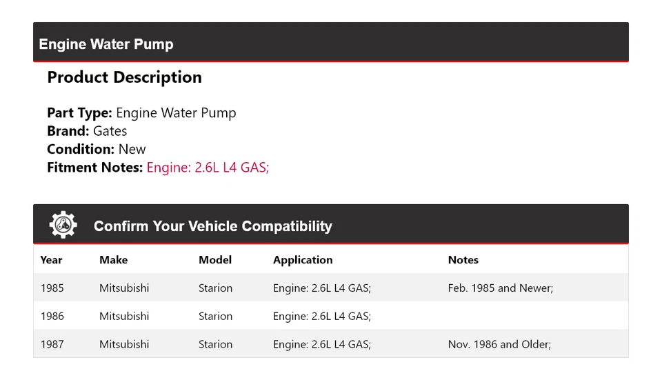 适用于 1985 - 1987 年三菱 Starion 2.6 升 L4 气体发动机水泵门 1986 — 第 2/4 张图片