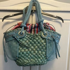 EUC Francesco Biasia Straw Rope Double Handle Mesh Pockets Dust Bag