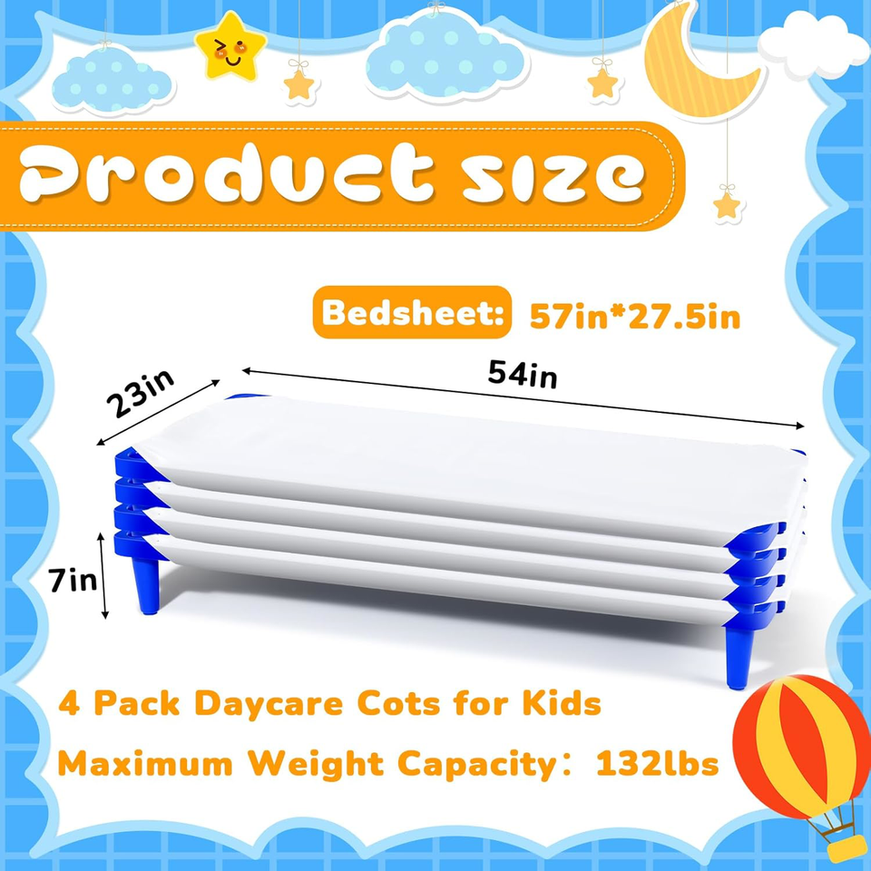 8 Pcs Stackable Daycare Cots with Sheets for Kids Include 54" L x 23" W
