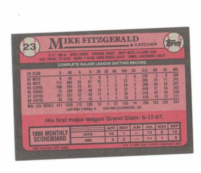 Mike Fitzgerald Montreal Expos Catcher #23 Topps 1989 #Baseball