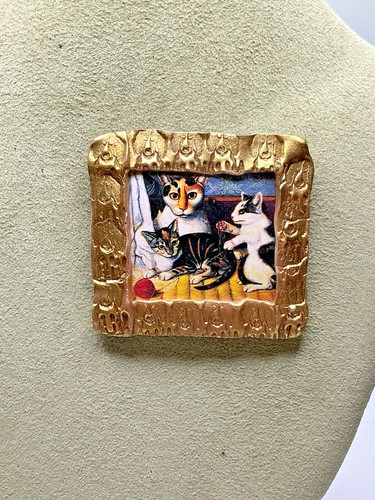 AV68. American 19th & Alice Cat & Kittens Print Frame Enamel Ceramic Brooch