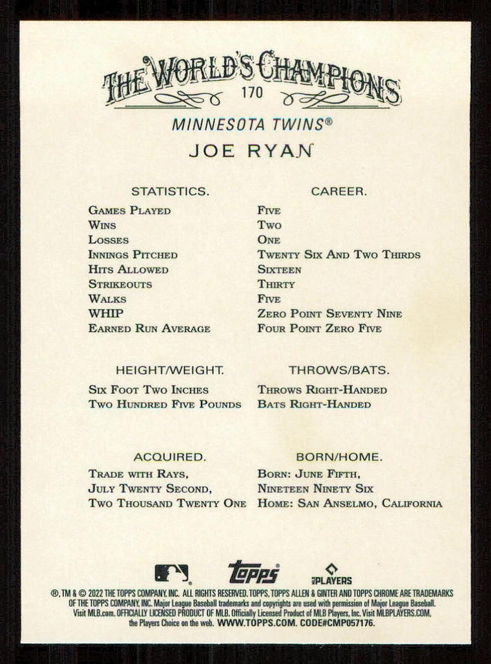 2022 Topps Allen and Ginter Chrome #170 Joe Ryan RC - Image 2 of 2