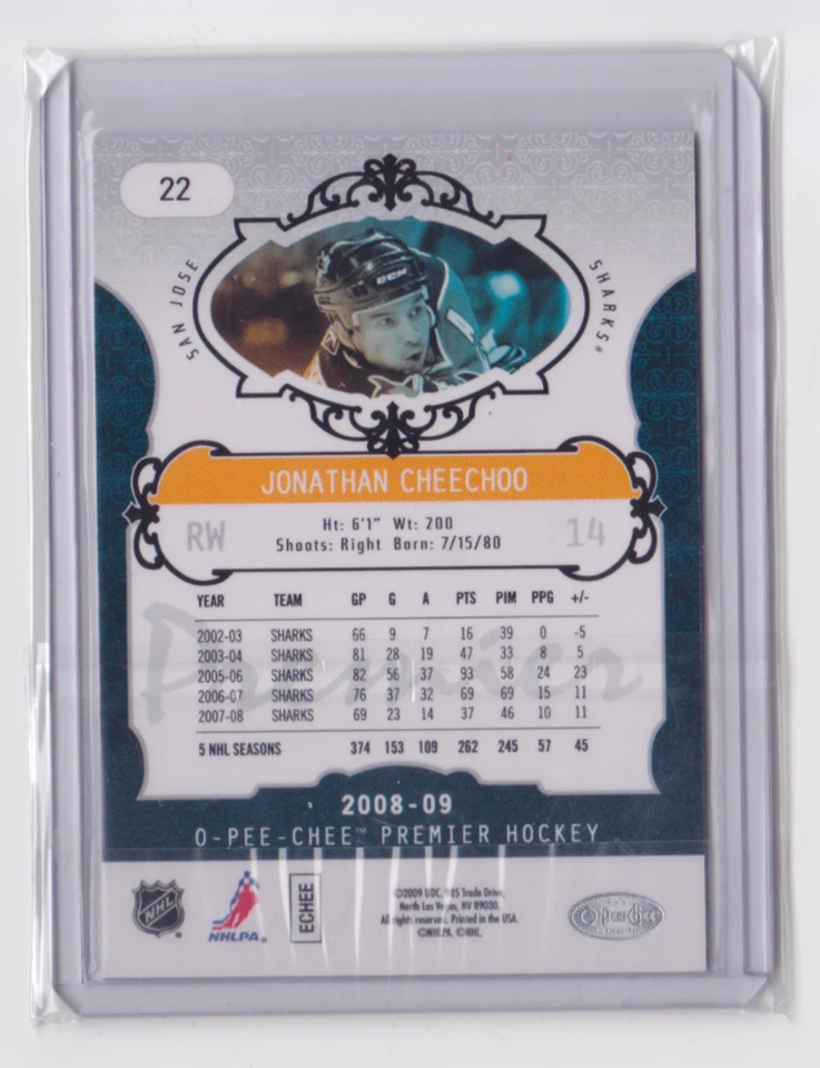2008-09 O-PEE-CHEE PREMIER BASE CARD /299 JONATHAN CHEECHOO #22 SAN JOSE SHARKS - Image 2 of 2