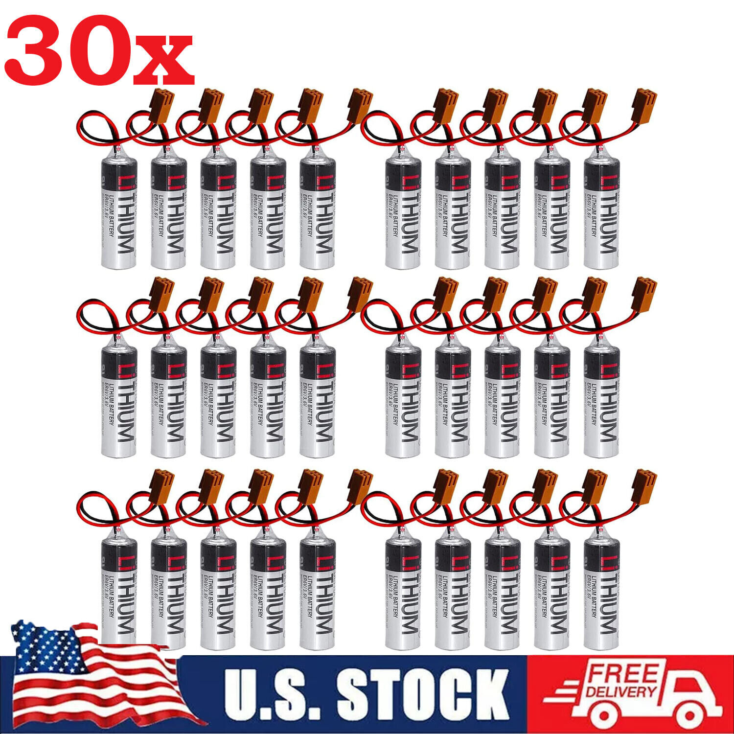 30pcs ER6V/3.6V 2400mAh PLC Battery Lithium with plug For TOSHIBA w/ Brown Plug