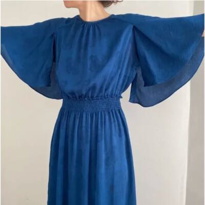 ANTHROPOLOGIE x CURRENT AIR Cape Sleeve Jacquard Satin Dress Blue Floral {3P46}
