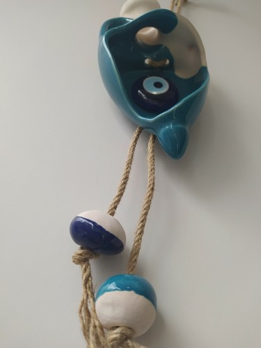 Turquoise Terra Cotta with Glass Evil Eye Turkish Handmade Pendant Boho Decor - Picture 2 of 7