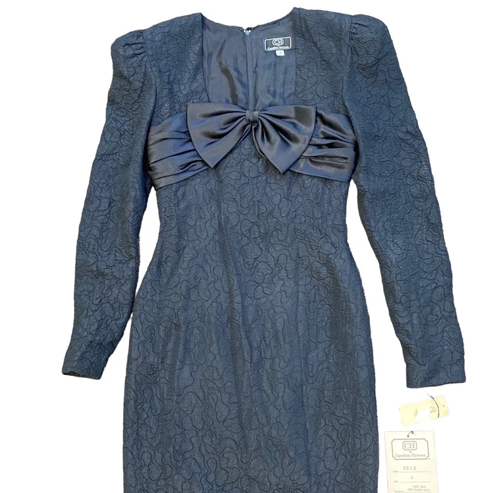 Винтажный Carolina Herrera платье размер 4 черный длинным рукавом коктейль 80-х бант - Изображение 4 из 4