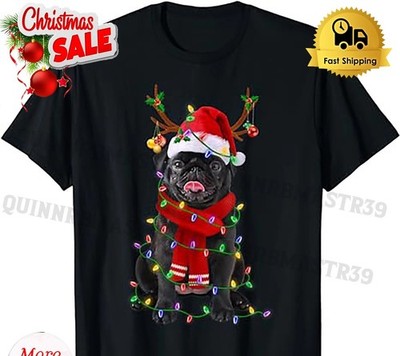 Black Pug Dog Tree Christmas Lights Xmas Pajama T-Shirt