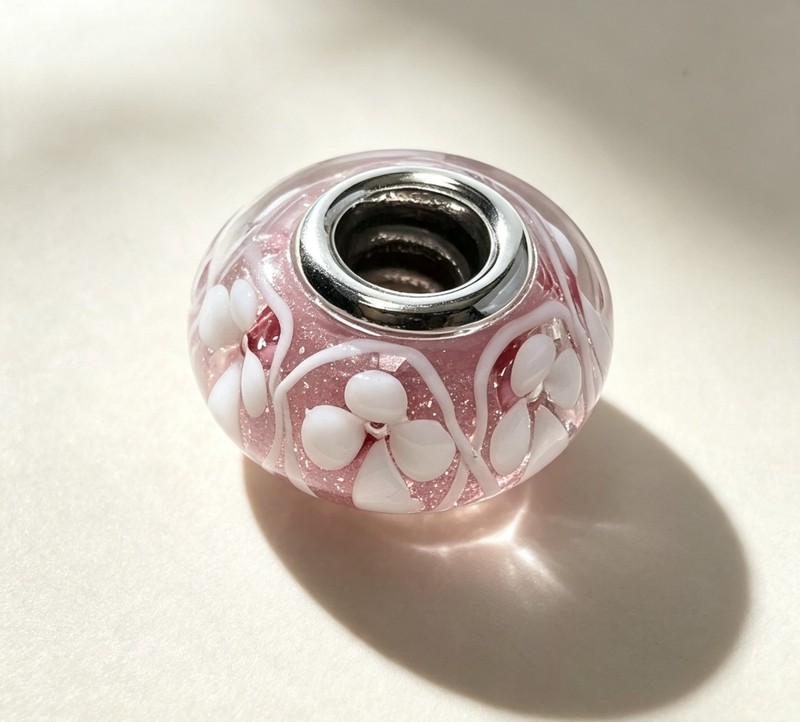 Pandora Murano Glass Pink White Flower Bead Large Hole Charm