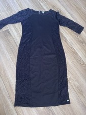 Women’s Cocktail Dress By Guess Black Lace Sleeves Zip Back Mid Calf Length Med