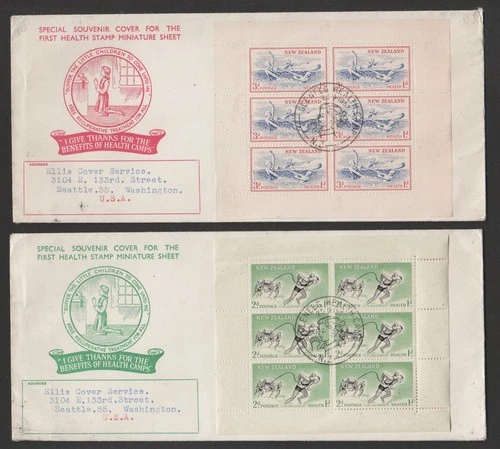 New Zealand 1957 Health minisheets on 2 FDC - water sports / lifesaving