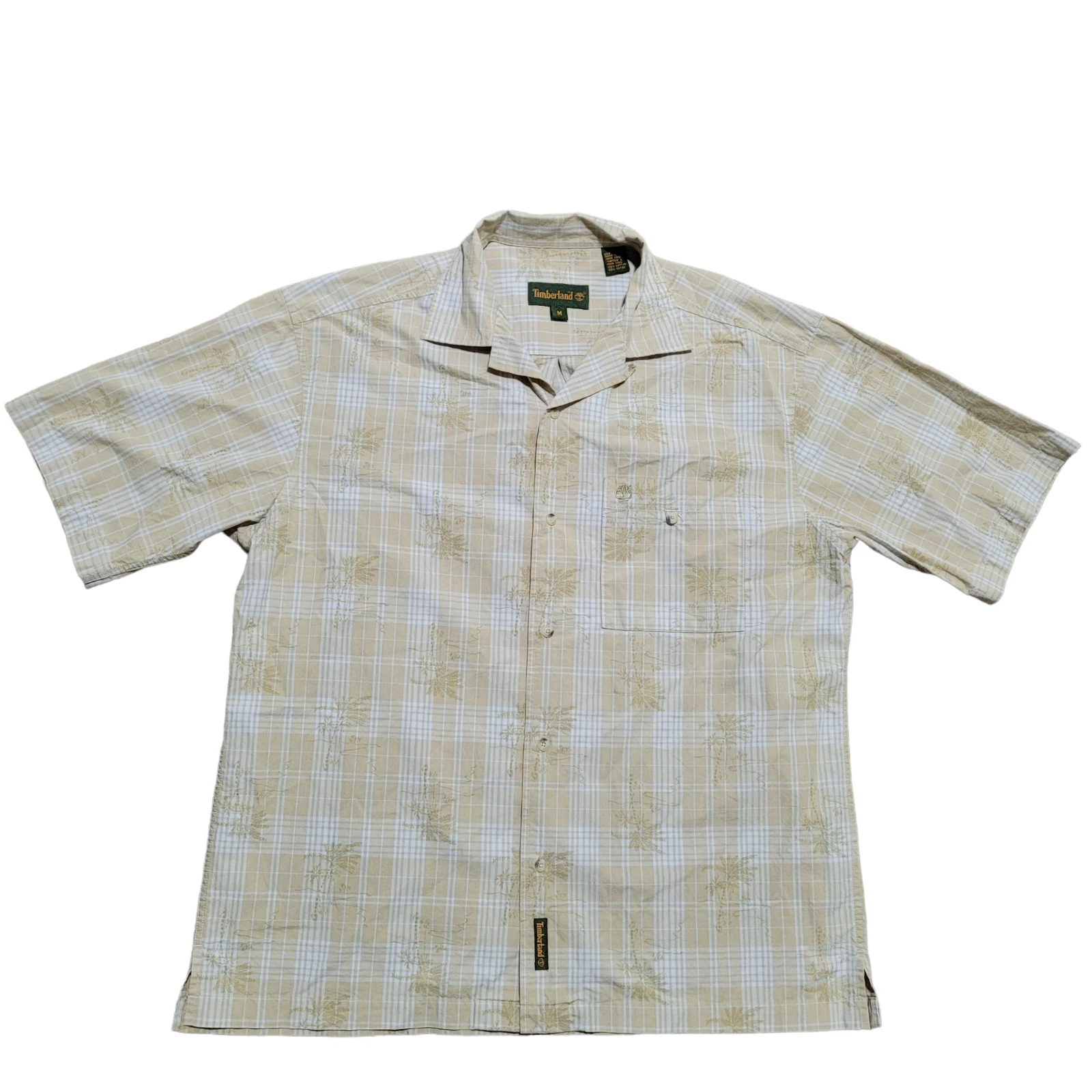 Timberland Men M Beige White Plaid Floral Cotton Camp Button Up Shirt Casual Top