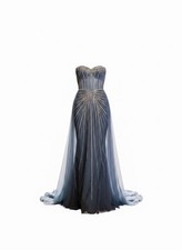 Blue Silver Beaded Strapless Tulle Gown with Train, Size 4, Long Backless