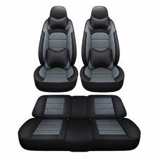 Luxury Black Gray Leather 5 Seat Car Seat Covers Full Set Durable Easy Clean