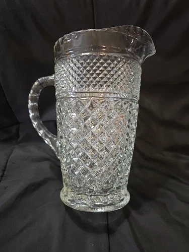 Vintage Depression Clear Cut Glass Pitcher Diamond Pattern  Kitchen Heavy 9"x6"