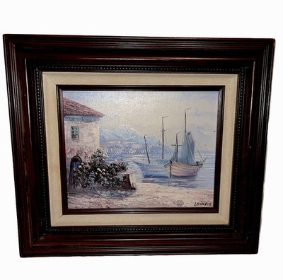 Vintage Paula Loomis Boats Harbor Oil Painting Framed ￼￼