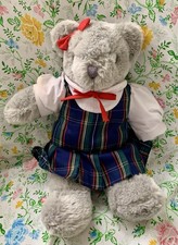 Vintage Commonwealth Teddy Bear Christmas Plush 1991 Gray 15 Dress Plaid Ribbon