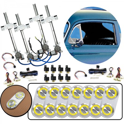 4 Door Flat Glass Power Window Kit Silver Billet Aluminum Switches Yellow Light