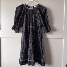 Ulla Johnson Dress Womens Sz. 2 Black White Smocked Midi Boho Embroidered Cotton