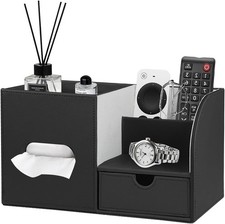 PU Leather Square Tissue Box Cover with Tray and Organizer,Multi-Function Remote