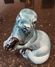 Vintage Poole Pottery  Otter Holding Salmon Blue Glaze Figurine 1970's