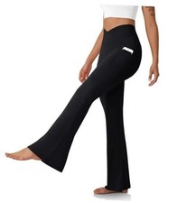 Women's Flare Leggings with Pockets-Crossover High Waisted Bootcut Medium Black