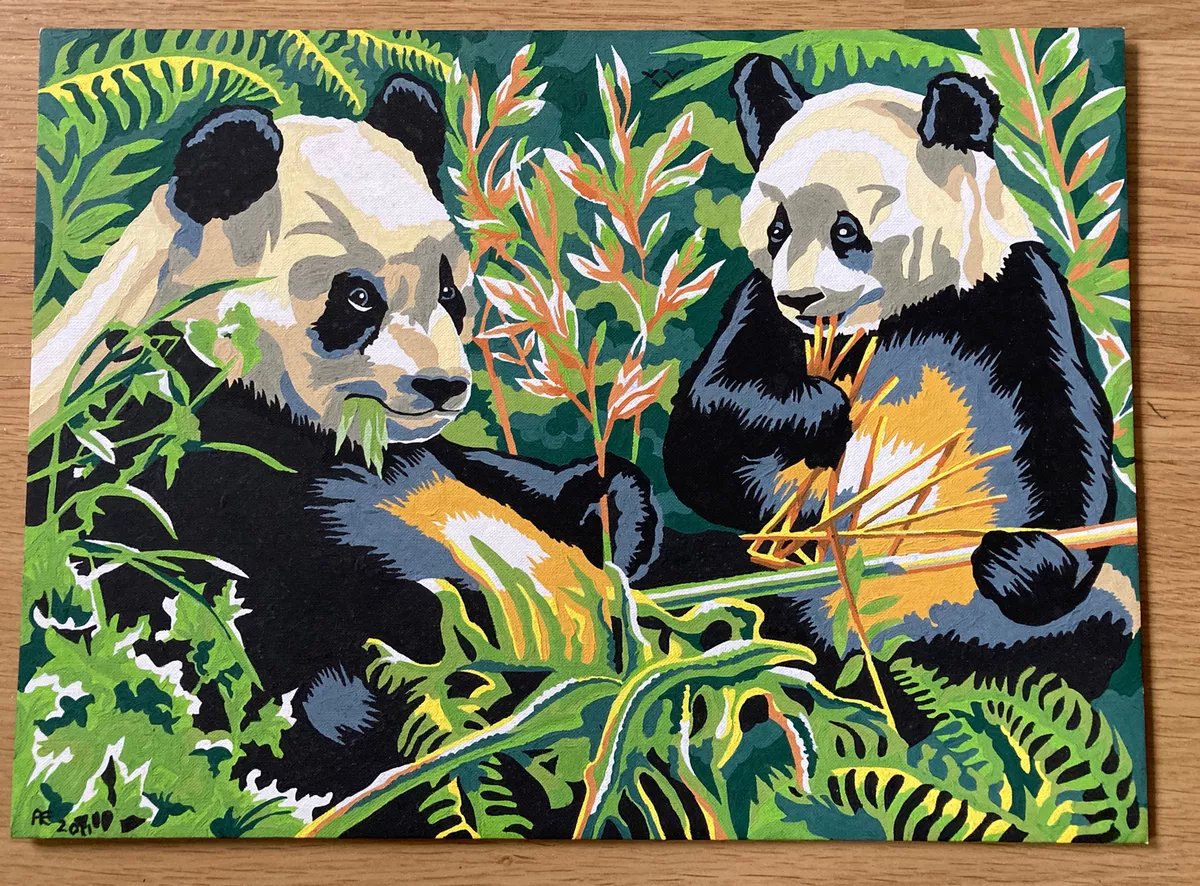VINTAGE COMPLETED PAINTING BY NUMBERS PANDAS WILDLIFE PICTURE
