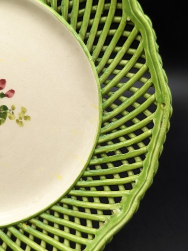 Vintage Italy Green Weaved Pedestal Cake Plate Stand Hand Painted Rose Floral - Picture 7 of 17