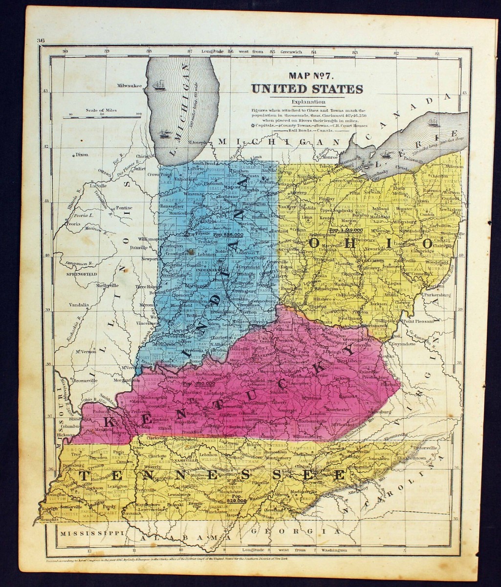 1848 Map Indiana Ohio Kentucky Tennessee Color Steel Engraving