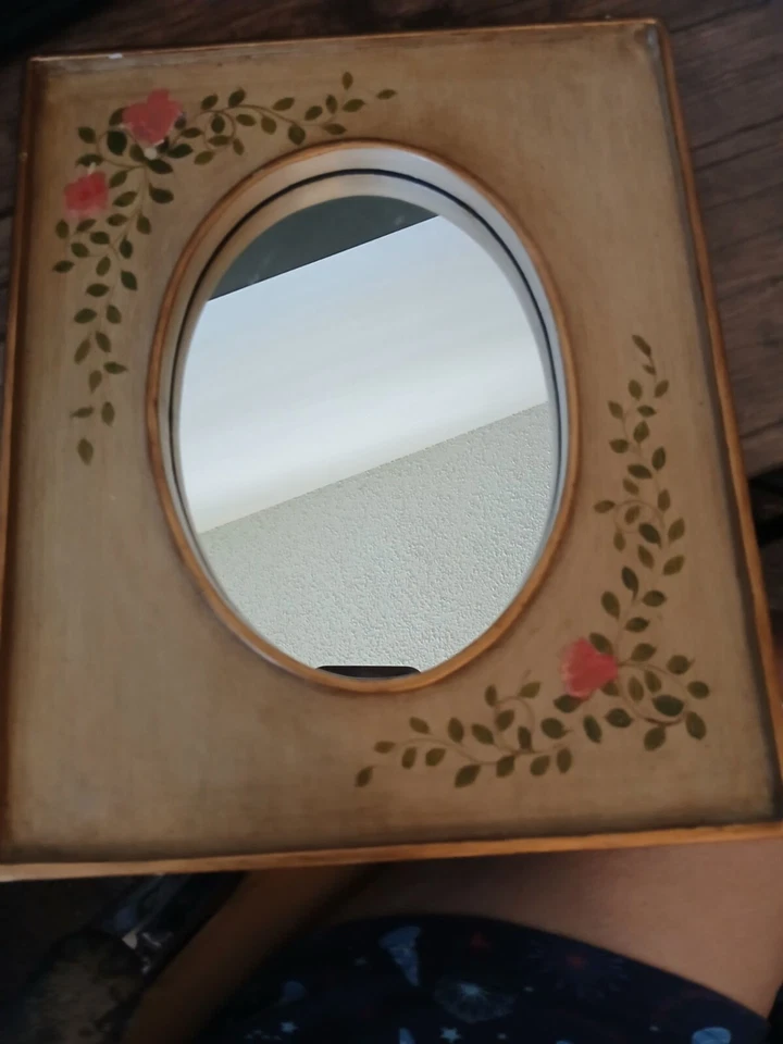 Cottage Core Hand-Painted Floral Wood Wall Mirror With Oval Glass Vintage Style - Image 2 of 4