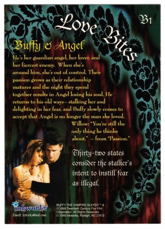 Buffy the Vampire Slayer Season 2. Love Bites Insert Card #B1. Inkworks 1999 - Picture 2 of 2