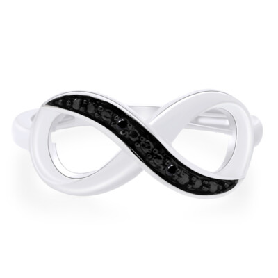 0.01 Ct Black Natural Diamond Infinity Promise Ring 14K White Gold Plated Silver