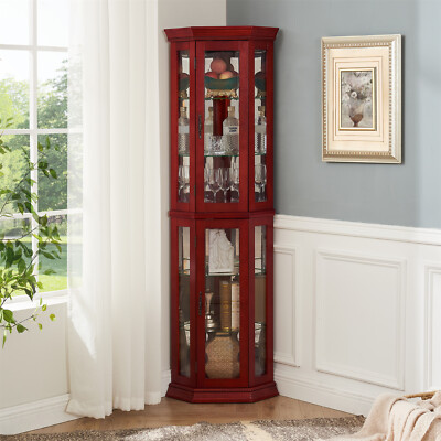 #ad 6 Shelf Corner Curio Display Cabinet69.49quot;H Lighted Wooden Bar Glass Cabinet $215.99