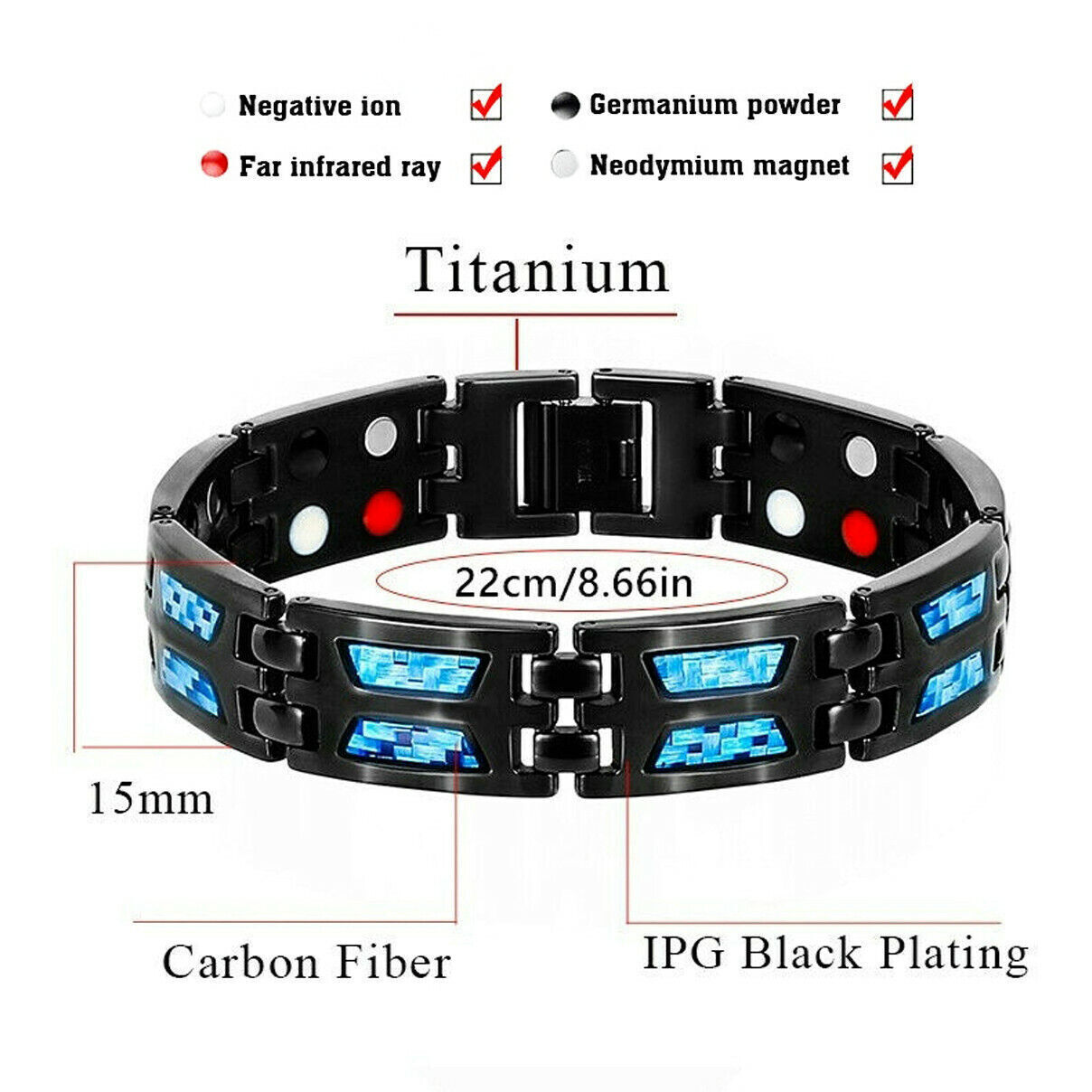 2Pcs Carbon Blue Titanium Therapy Bracelets Double Row Ultra