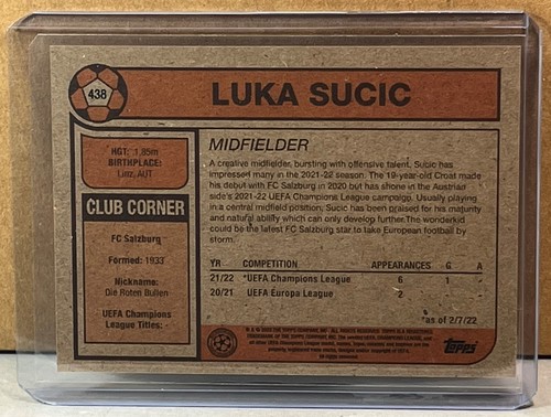 2022 TOPPS LIVING #438 LUKA SUCIC FC SALZBURG ROOKIE UEFA Champions League - Picture 2 of 2