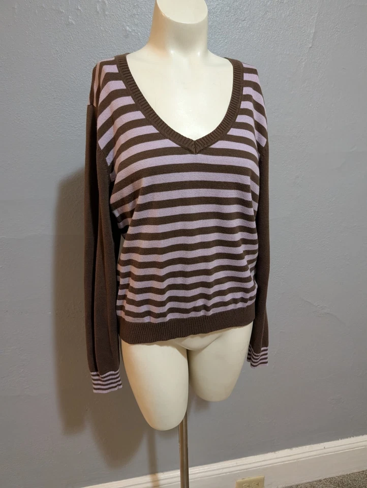 Vintage 90s Acedemia Sweater L Stiped Brown & Pink Preppy Lightweight B Moss Y2K - Image 2 of 4
