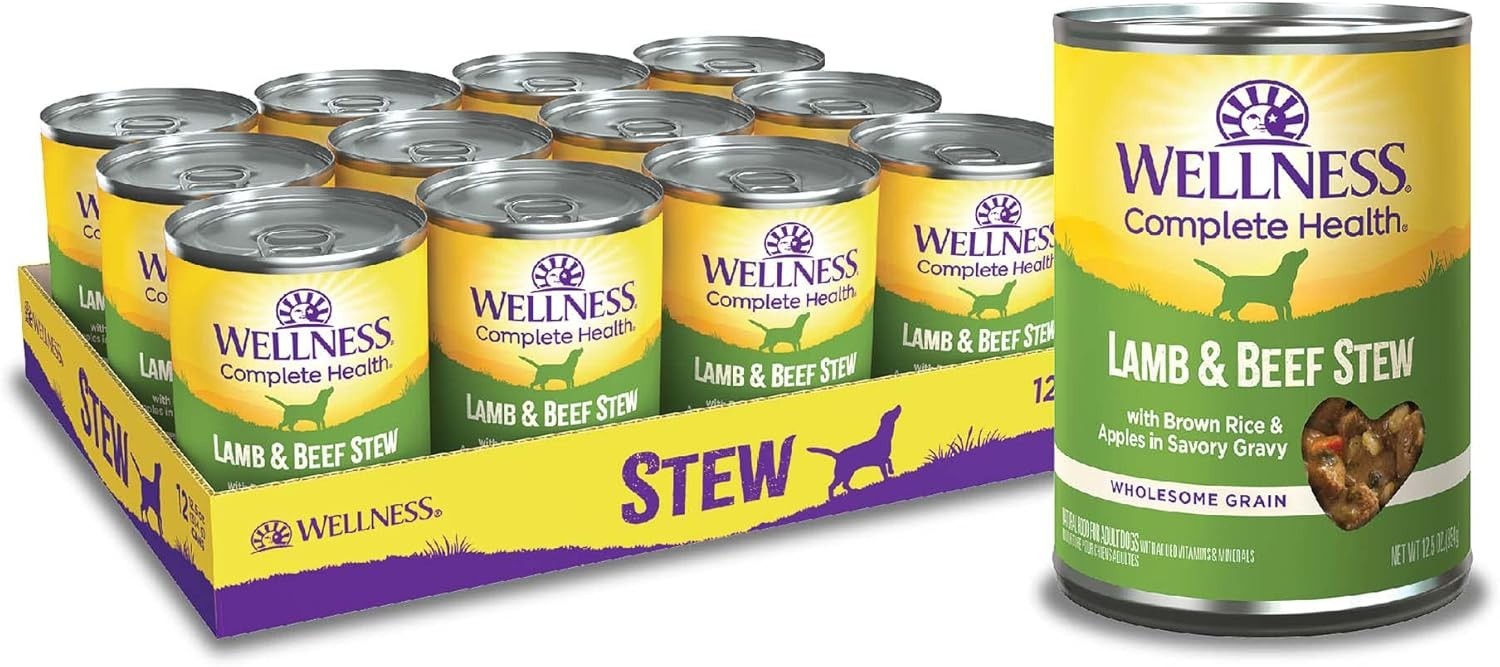 12PK 12.5oz Wellness Health thick & Chunky Canned Wet Dog Food, Lamb & Beef Stew