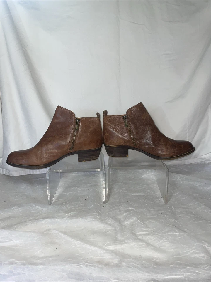 Lucky Brand Basel Tan Leather Ankle Bootie Size 9 Zip Low Heel Boho City EUC - Image 4 of 4