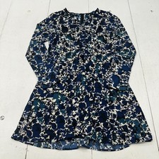 Vera Wang Blue White Floral Print Long Sleeve V Neck Midi Dress Women's Medium