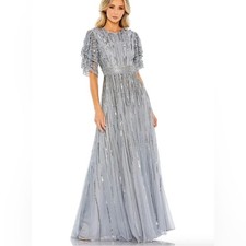 New Mac Duggal 93582 Blue Embellished Full-Length Layered Sleeve Gown - Size 6