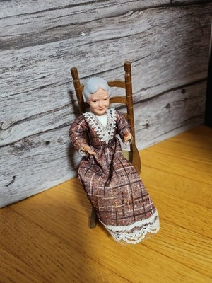 Vintage Caco Grandmother 1:12 mini dollhouse doll & Rocking Chair circa 1964