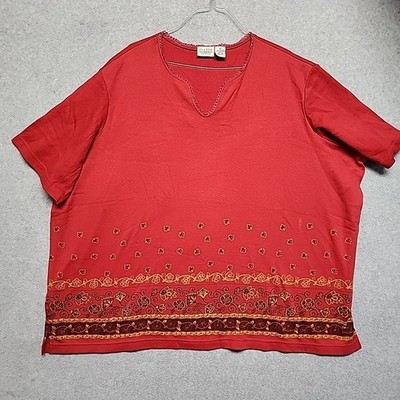 Classic Elements Woman 3X Red Boho Embroidered Border Top Short Sleeve Cotton...