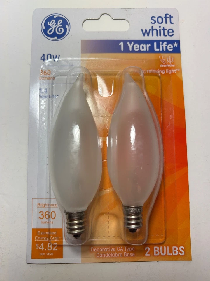 12 GE 40w Soft White 66106 Candelabra Decorative CA Type Cozy Light Bulbs E12 - Image 2 of 4