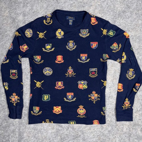 Polo Ralph Lauren Shirt Mens Small Herald Crest All Over Waffle Thermal Navy