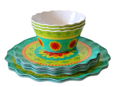 Summer Splash Floral Melamine Scalloped Picnic Table Dinner Ware 13 pcs.