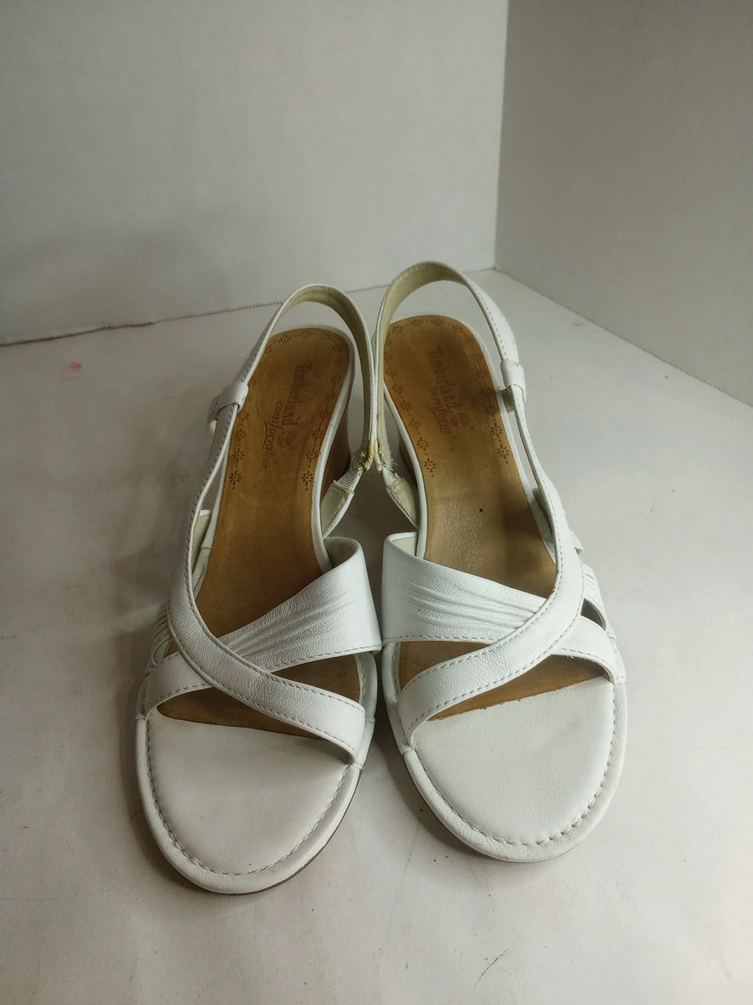 Timberland Comforia sandali donna zeppa legno punta aperta slingback pelle bianca 7