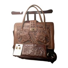 Vintage 2 PC hand Tooled Leather, Matching Set Purse And Arve Wallet, Mid-Centur