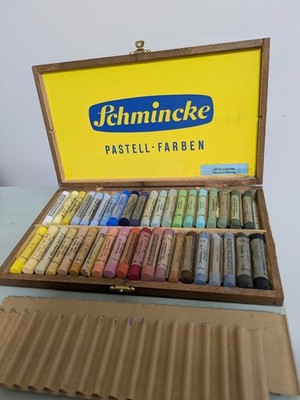 Vintage Schmincke 40 Künstler Pastelle im Holzkasten Pastellfarben Set Sammler