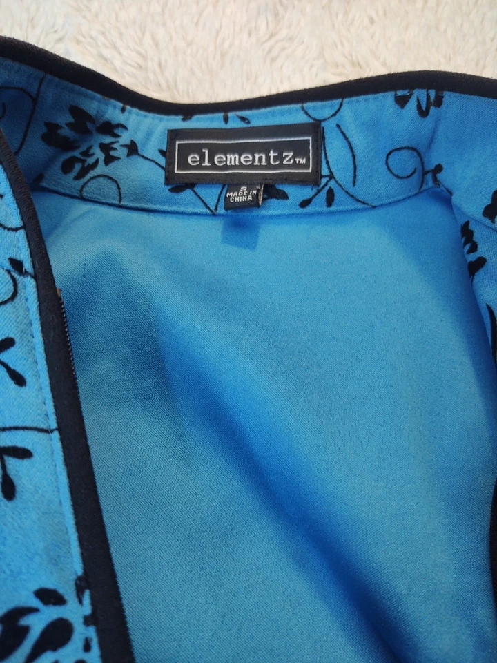 Elementz S Blue Flocked Floral Zip Up Blazer Collarless Jacket - Image 2 of 4