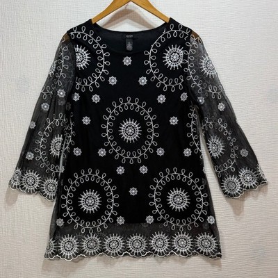 Alfani Tunic Womens PL Black White Embroidered Mesh Medallion Scalloped Hem Boho